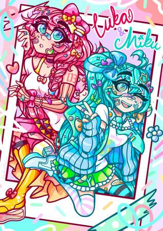 Megurine Luka and Hatsune MIku in Decora for the 2024 edition of Galasyth, a Vocaloid Zine